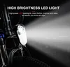 Close-up of a bicycle's front light, with text overlay describing its features. Produktbild-Vorschau