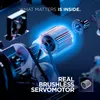 A detailed, glowing illustration of a brushless servomotor and its components, with text overlays. Produktbild-Vorschau