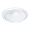 A white pot lid with a white knob in the center, isolated on a white background. Produktbild-Vorschau