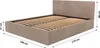 A beige upholstered bed frame with a headboard and wooden slats, shown with dimensions indicated by measurement lines and text. Produktbild-Vorschau