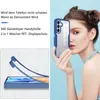 A woman is holding a blue and transparent phone case. Another image shows how the phone case opens. Produktbild-Vorschau