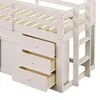 Close-up view of the lower section of a white loft bed, showing three open drawers and the ladder. Náhled obrázku produktu