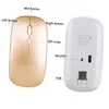Two views of a wireless computer mouse, one gold and one white, with labels pointing out its features. Produktbild-Vorschau
