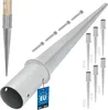 A set of metal ground spikes for posts, with screws and a wooden post inserted into one spike. Produktbild-Vorschau