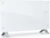 A white glass electric heater with silver legs is shown against a white background. Náhľad obrázku produktu