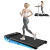 A woman is running on a black treadmill in the foreground, while a smaller inset image shows another woman standing on a similar treadmill with a laptop on a desk. Produktbild-Vorschau