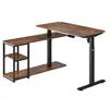 A rustic brown L-shaped standing desk with black metal legs and a shelf unit on the left side, presented against a white background. Produktbild-Vorschau