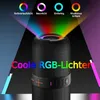 A black portable speaker with colorful LED lights emanating from the top, with text overlays describing the light features. Produktbild-Vorschau