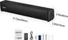 A black soundbar is shown with dimensions and included accessories. Produktbild-Vorschau