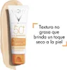 A tube of Vichy Capital Soleil SPF 50 sunscreen is shown with a swatch of the product's texture next to it, accompanied by descriptive text. Podgląd zdjęcia produktu