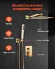 A gold shower system mounted on a dark, textured wall, with feature callouts. Podgląd zdjęcia produktu