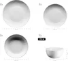 A collage of four images showing different pieces of a white dinnerware set, with dimensions and quantities indicated. Produktbild-Vorschau