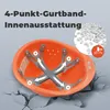 An orange construction helmet interior with a diagram showing the 4-point harness system, with small white pellets and a hammer icon in the background. Produktbild-Vorschau