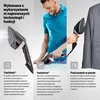 Collage of images showing a steam iron and a person using it, with descriptive text about its features. Podgląd zdjęcia produktu