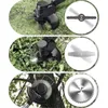 A collage showing different attachments for a cordless trimmer, demonstrating its versatility for cutting grass, weeds, and branches. Produktbild-Vorschau