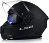 A black LS2 motorcycle helmet with a clear visor and a blue inner sun visor, shown from the side against a white background. Náhled obrázku produktu