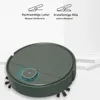 A dark green robot vacuum cleaner is shown on a white and light gray background with abstract shapes. Above the vacuum are two line drawings with German text describing its features. Produktbild-Vorschau