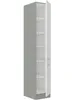 A tall, narrow cabinet with a gray exterior and white interior shelves, shown with one door slightly ajar. Náhľad obrázku produktu