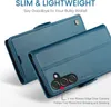 A teal leather wallet-style phone case is shown with the front cover open, revealing the inside. Text overlays highlight features. Produktbild-Vorschau