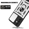 A close-up, angled view of a phone case with a ring holder, set against a white background. Text overlays highlight features. Produktbild-Vorschau