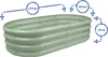 A light green, oval-shaped raised garden bed is shown with dimensions indicated by blue lines and text. Produktbild-Vorschau