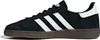 A side view of a black Adidas sneaker with white stripes and a gum sole. Podgląd zdjęcia produktu