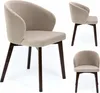 A collage of three images showing a beige upholstered dining chair with dark brown wooden legs from different angles. Produktbild-Vorschau