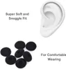 A white ear model is shown next to text describing the product's features, and a pile of black foam earbud covers is shown below. Produktbild-Vorschau