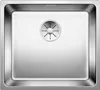 A top-down view of a stainless steel kitchen sink with a drain assembly in the center. Produktbild-Vorschau