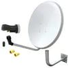 A satellite dish kit with its components laid out against a white background. Produktbild-Vorschau