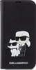 A black phone case with a cartoon illustration of Karl Lagerfeld and his cat, Choupette, on the front. Produktbild-Vorschau