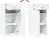 A white sideboard with a drawer and a door open, showing shelves inside. The image is presented in a split view, showing the same sideboard from slightly different angles. Produktbild-Vorschau
