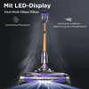 A cordless vacuum cleaner is shown with stylized light effects emanating from its head and handle, against a dark background. Text overlays describe its features. Produktbild-Vorschau