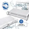 A close-up marketing image showing two lint filters for a dryer, with water splashing around them and text overlays highlighting features. Produktbild-Vorschau