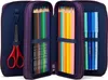 An open pencil case filled with colored pencils and markers, with a pair of scissors on the side. Produktbild-Vorschau