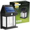 A product shot of a solar wall lamp next to its packaging. Produktbild-Vorschau