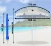 A closed blue umbrella and an open gray beach umbrella are shown with measurements on a beach background. Náhled obrázku produktu