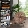 A copper-colored floor fan is shown in a room with a Monstera plant and a window in the background. The left side of the image contains marketing text and images of different room settings. Podgląd zdjęcia produktu
