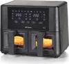 A black dual-basket air fryer with food inside, shown from the front. Produktbild-Vorschau