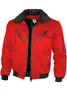 A red bomber jacket with a black fur collar is displayed against a white background. Produktbild-Vorschau