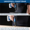 A person is using a cordless drill to drill into wood, with text overlays describing the product's features. Produktbild-Vorschau