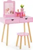A pink children's vanity table and stool set with a mirror and accessories. Produktbild-Vorschau