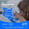 A child drinks water from a glass, with a map of Kenya highlighting several schools and text about a water project. Náhled obrázku produktu