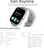 A smartwatch is shown with a screen displaying an incoming call, accompanied by product specifications. Produktbild-Vorschau