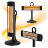 Three views of a black infrared heater on a white background with yellow/orange wavy graphics. Anteprima dell’immagine prodotto