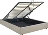 A beige upholstered bed frame with the mattress support slats lifted to reveal the storage compartment underneath. Produktbild-Vorschau