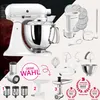 A collage of a white KitchenAid Artisan stand mixer and various attachments, along with marketing awards. Podgląd zdjęcia produktu