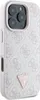 A close-up, angled view of a pink and silver patterned iPhone case with a Guess logo. Podgląd zdjęcia produktu