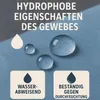 Close-up of water droplets on a blue fabric surface, with text overlay describing hydrophobic properties. Náhľad obrázku produktu