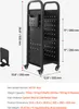 A black metal storage cart with shelves and a hanging organizer, shown with dimensions and specifications. Produktbild-Vorschau